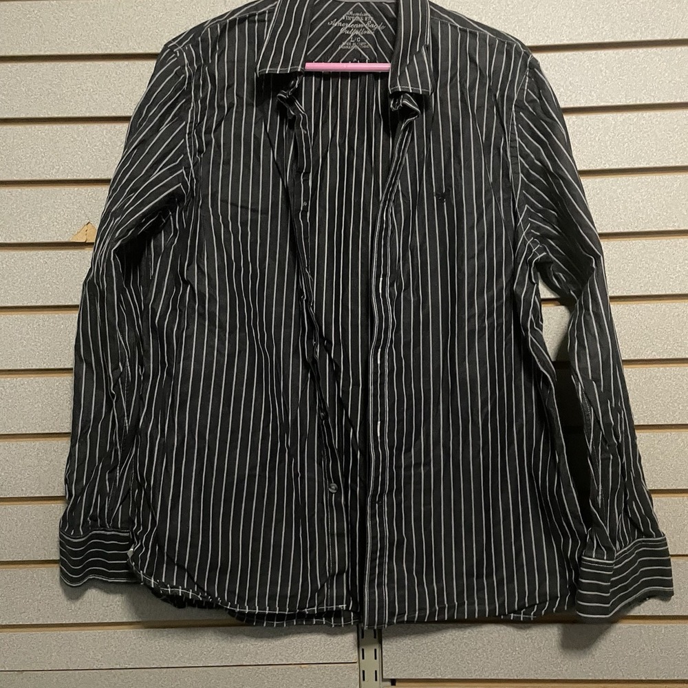 Men's AE‎ American Eagle Black Gray Striped Long Sleeve Button Up Shirt Sz L